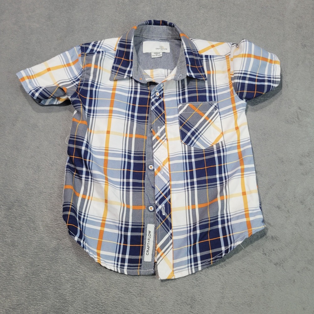 Craft + Flow Button Down Shirt Boys 3T Navy White Mustard Plaid Classic Short